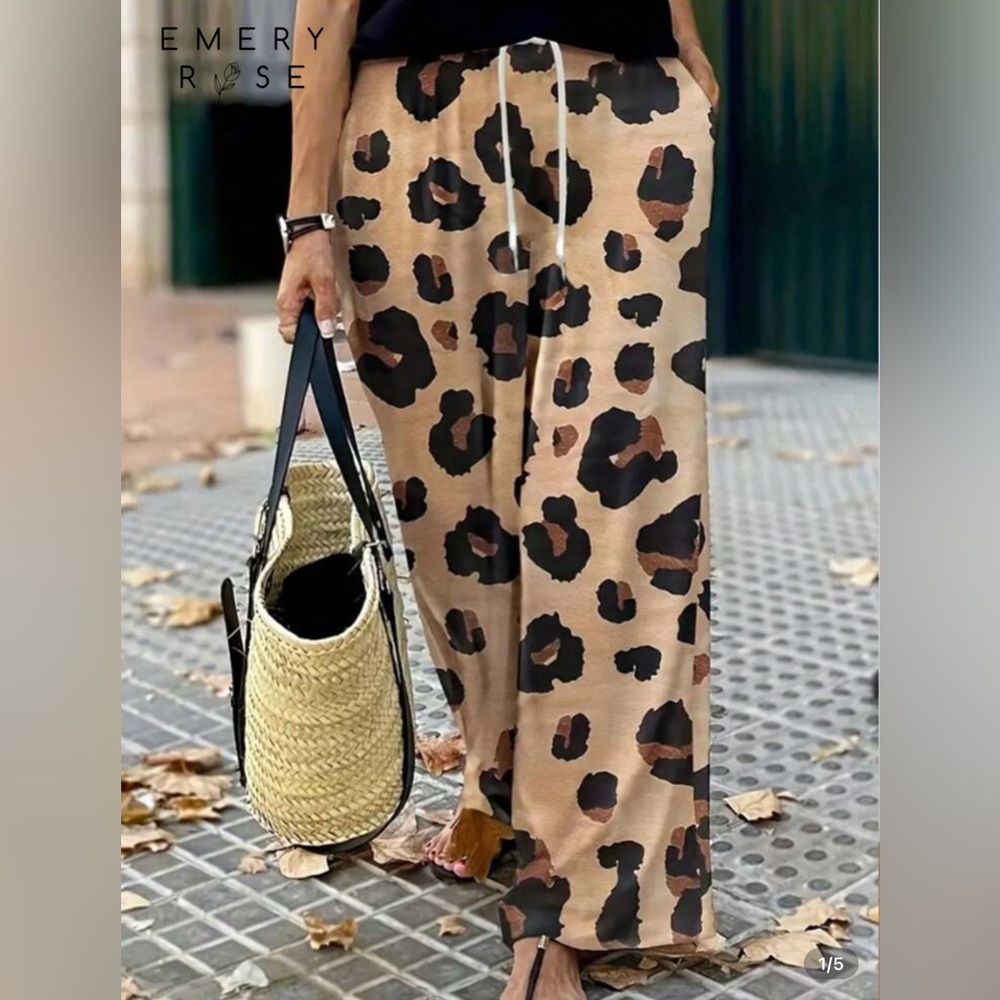 SHEIN Tan and Black Leopard Wide Leg Pants